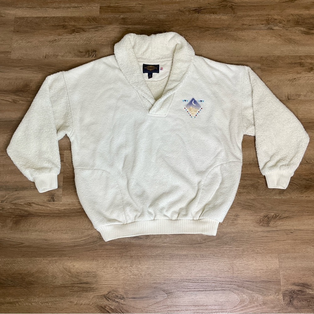 Vintage Pullover Sweater Size M Terrycloth Pockets Long Sleeve SUNRISE Embroider